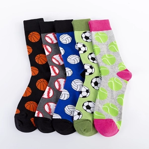 Five pairs of men's cotton crew socks with jacquard sports patterns like soccer and basketball
