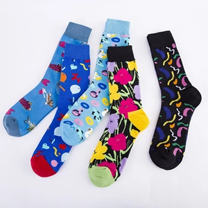Five pairs of colorful patterned cotton socks with creative floral and abstract designs