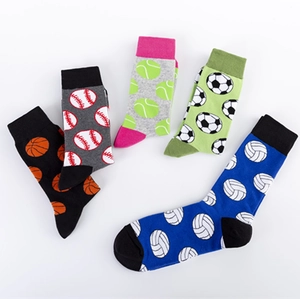 Five pairs of men's cotton crew socks with athletic sports ball jacquard patterns