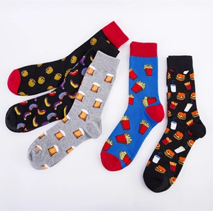 Five pairs of men's cotton crew socks with creative food patterns like burgers and beer