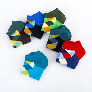 Set of 6 colorful argyle pattern cotton low cut socks in various vibrant geometric styles