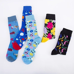 Five pack of men's colorful casual crew socks with creative floral and pop art patterns