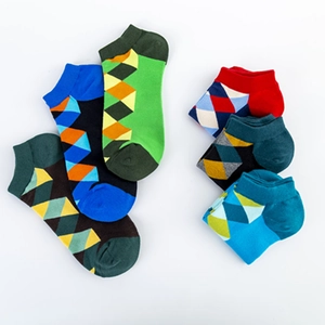 Set of colorful argyle pattern ankle socks in green blue red and brown cotton blend