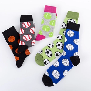 Five pairs of men's cotton crew socks with athletic patterns including basketball and soccer
