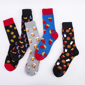 Five pairs of men's cotton socks with fast food patterns like burgers and hot dogs