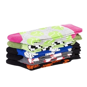 Five-pair pack of men's cotton crew socks with athletic sports jacquard patterns
