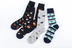 Set of creative mid-calf cotton socks with fried chicken, ramen, and tropical patterns