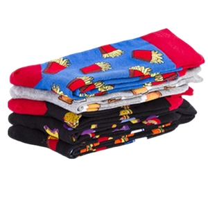Men's cotton socks 4-pack featuring creative burger and fries patterns in dark blue and grey