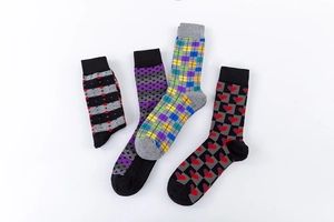 Assorted men's mid-calf socks with geometric patterns, heart motifs and striped textures