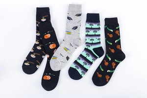 Detailed view of five cotton mid-calf socks with unique patterns like ramen and peaches