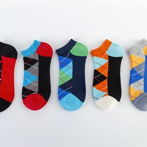 Argyle Pattern Men Ankle Socks Cotton Blend Breathable Casual Low Cut No Show Diamond Pattern Trendy British Style