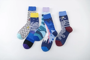 Detail view of five pairs of cotton socks featuring artistic Japanese wave and bird prints