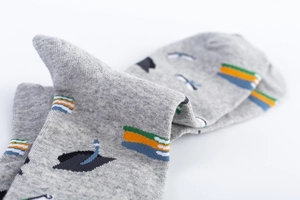 Detail of grey crew socks featuring graduation cap and book embroidery texture