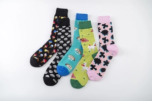 Detail view of 5 pairs of colorful cotton crew socks featuring fun cartoon patterns