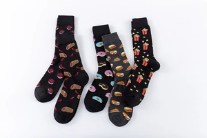Set of five cotton socks featuring colorful hamburger, donut, and popcorn patterns