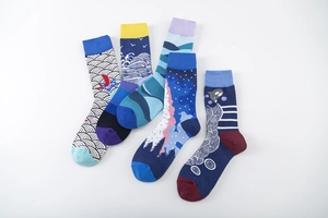 Detail view of five creative ethnic style crew socks featuring artistic landscape prints