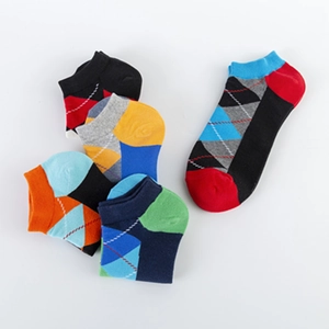 Men's colorful argyle pattern ankle socks in various contrast color combinations