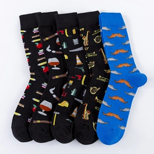 Five pairs of cotton crew socks with creative art prints and ribbed cuffs on white back