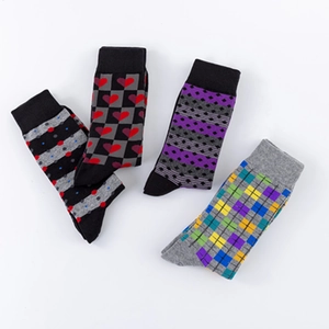 Men's mid-calf socks set with geometric patterns and ribbed cuffs on white background
