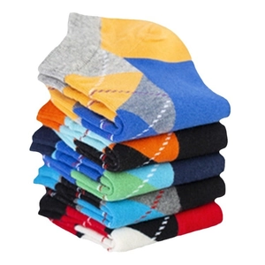 Men's colorful argyle pattern ankle socks in various contrast colors with ribbed cuffs