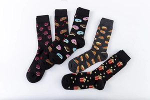 Set of five mid-calf socks featuring unique food patterns like donuts and popcorn prints