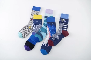 Detail of five pairs of cotton mid-calf socks with Ukiyo-e wave and mountain jacquard patterns