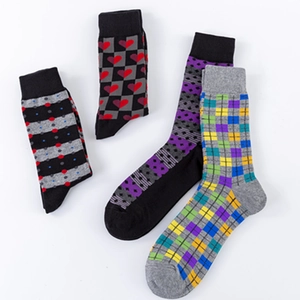 Men's mid-calf socks set with geometric patterns including stripes and heart checks