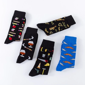 Artistic mid-calf cotton socks with music, tools, and lifestyle patterns in 5-pair set