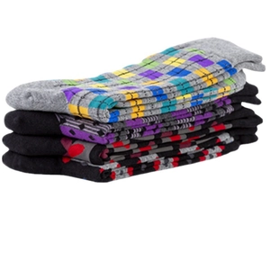 Men's mid-calf socks set with geometric patterns in dark grey, blue, and burgundy colors