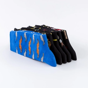 Artistic collection of men's cotton crew socks with vibrant mustache patterns and prints