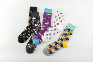 Set of five mid-calf cotton socks with colorful pizza, donut and bear patterns