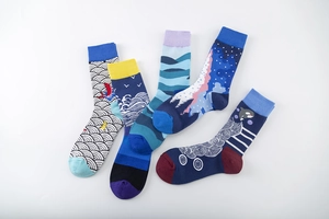 Detailed set of five mid-calf cotton socks featuring classic Ukiyo-e wave art patterns