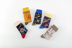 Detail view of five assorted cotton socks featuring traditional Chinese jacquard patterns