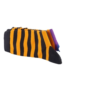 Men's cotton crew socks featuring bold black and orange stripes with multicolor knit cuffs