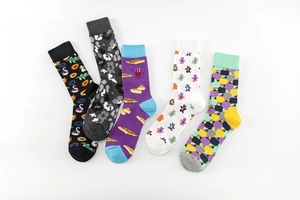 Set of five colorful cotton socks with vibrant pizza, bear and geometric patterns