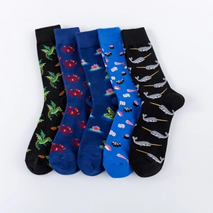 Five-pack of animal print cotton crew socks with dragon, crab and sushi patterns