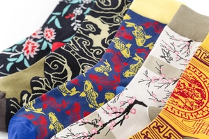Macro detail of cotton socks featuring traditional Chinese patterns and knit textures