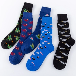 Cartoon animal series crew socks set with diverse funny prints on multi-color cotton fabric