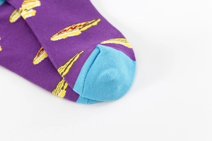 Detailed close-up of cotton crew socks with purple base and hot dog pattern design
