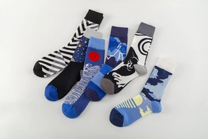 Artistic jacquard cotton crew socks featuring Japanese wave and geometric patterns