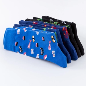 Colorful mid-calf cotton socks featuring vibrant sushi patterns in a stacked layout