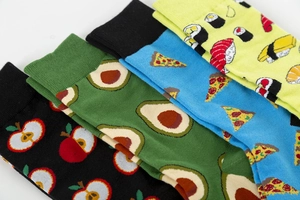 Set of 4 mid-calf cotton socks with colorful food patterns like avocado, pizza and sushi