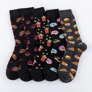 Five-pack of cotton crew socks featuring various food patterns like tacos and donuts