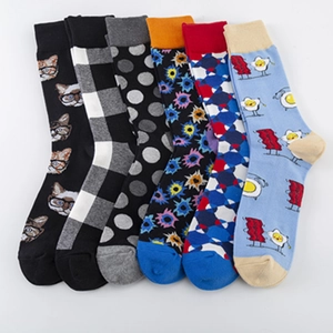 Lot de six paires de chaussettes en coton colorées aux motifs chat et damier