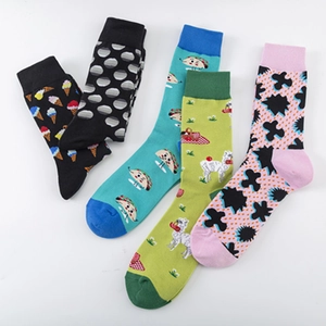 Five pairs of colorful patterned crew socks with creative cartoon and geometric prints