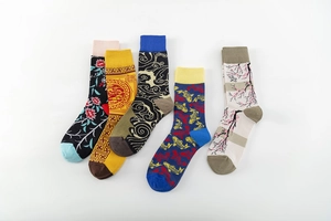 Set of five cotton socks featuring traditional Chinese patterns with floral and dragon motifs