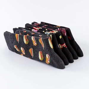 Multipack of mid-calf cotton socks with food patterns like hot dogs and strawberries