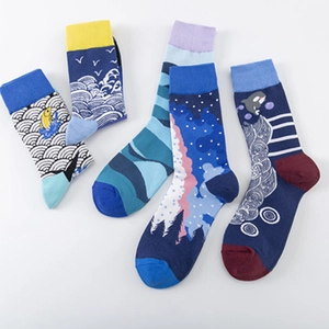 Ethnic style cotton crew socks with artistic wave, goldfish and starry night prints