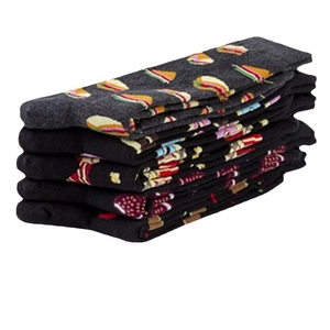 Cotton crew socks with colorful hamburger and food patterns in various solid colors