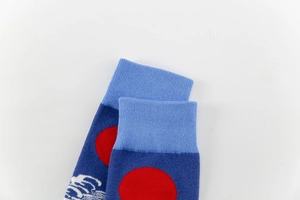 Detail of ribbed cuffs and wave patterns on cotton knit socks in Ukiyo-e style